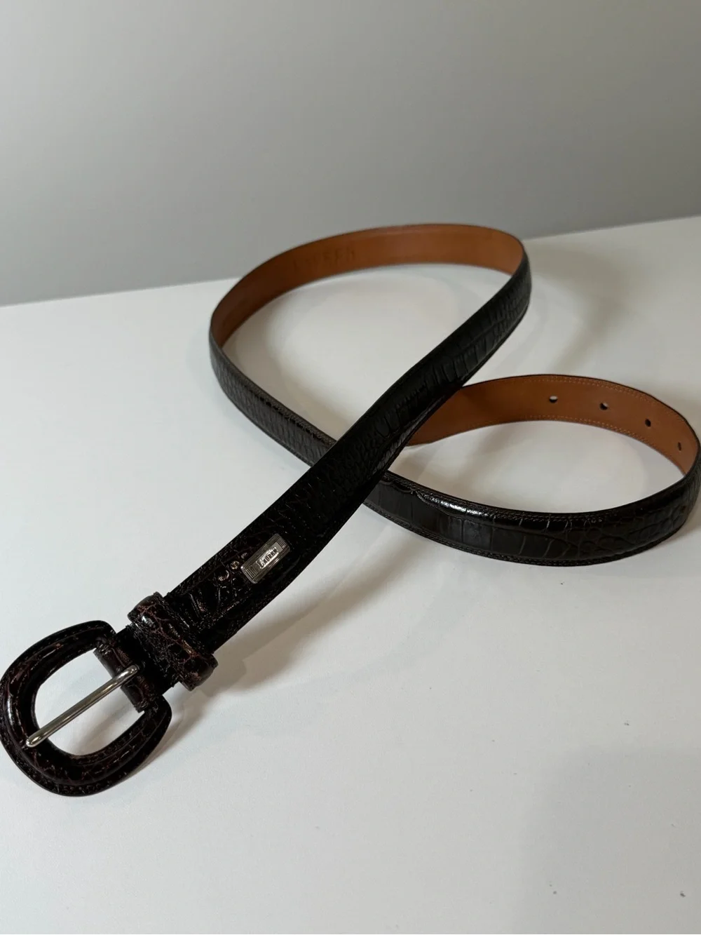 Ralph Lauren Women’s 3X Dark Brown Croc-Embossed Genuine Leather Belt Lux